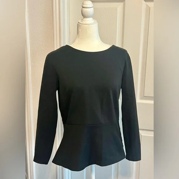 J. Crew Black Ponte Knit Peplum Long Sleeve Top Exposed Zipper Stretch Blouse - Picture 3 of 10